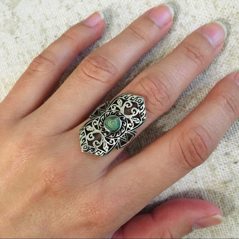 Intricate Silver Abalone Shield Ring - image 1